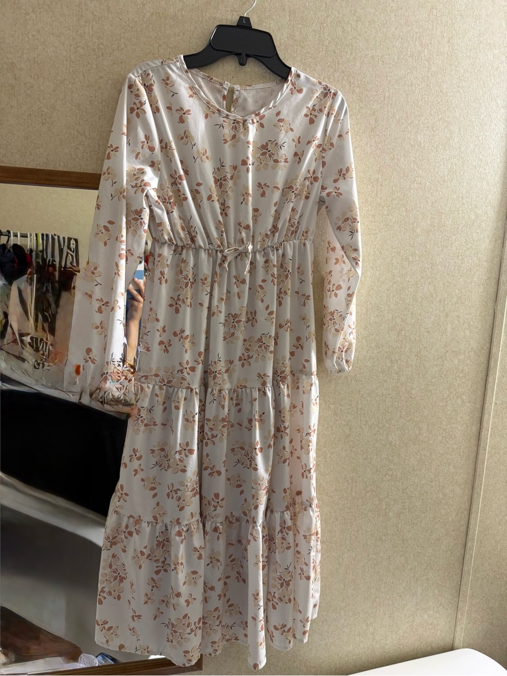 SHEIN Cream Long-Sleeve Tiered Floral Midi Dress - Brown Floral